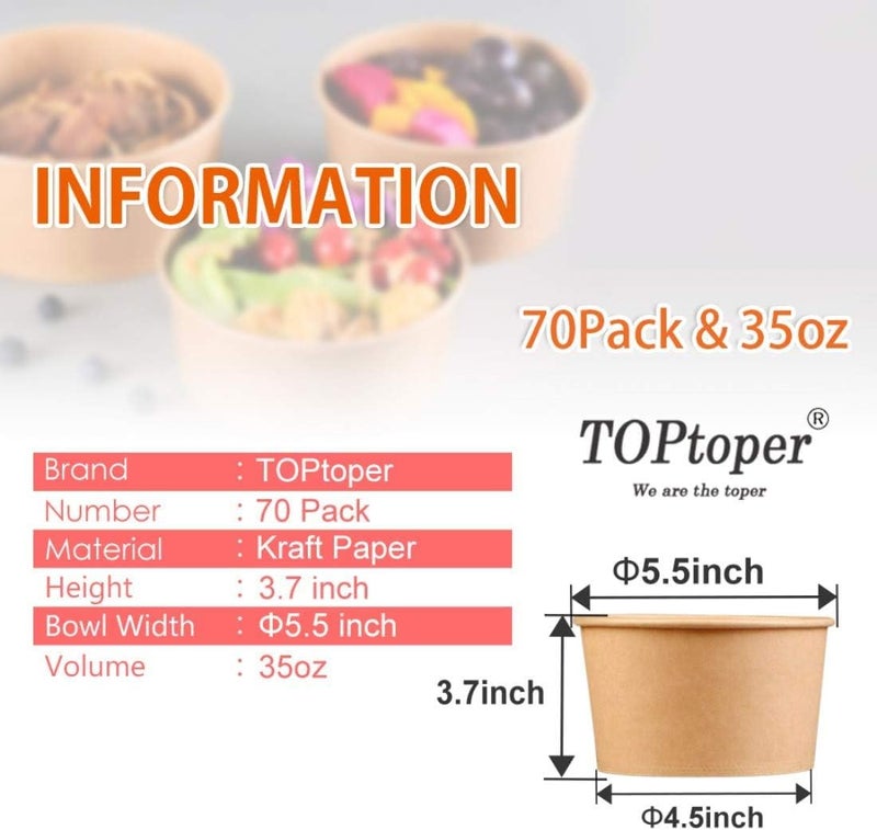 TOPtoper 35 Oz Large Paper Bowlsã€WITHOUT LIDSã€‘ 70 Pack Disposable Soup Bowls Plastic Free Party Supplies for Hot/Cold Food, Soup (35 OZ) - Image 4